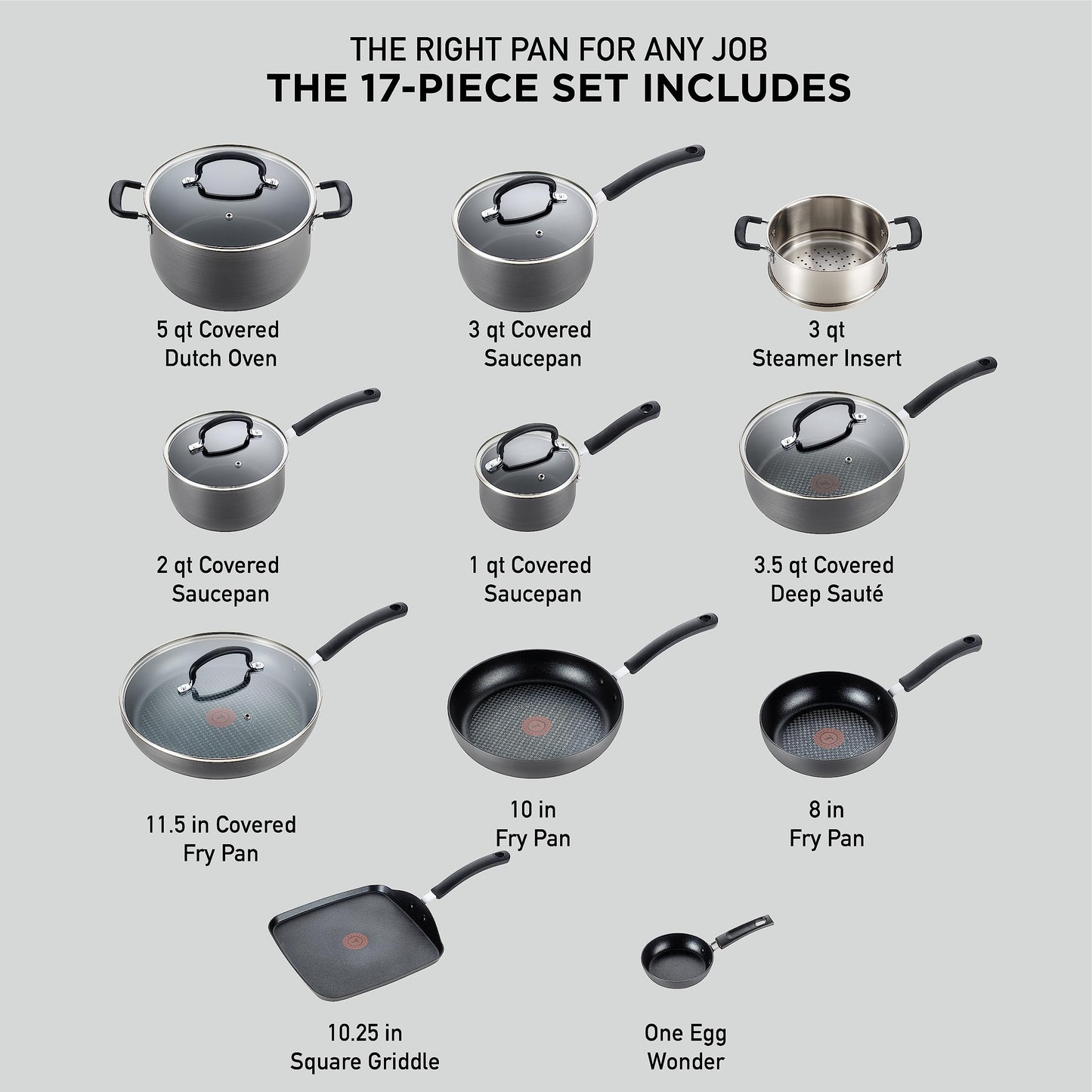 T-Fal Ultimate Hard Anodized Nonstick Cookware Set 17 Piece, Nonstick Pots and Pans Set with Fry Pan, Saucepans, Saute-Pan, Griddle, Dishwasher Safe, Black