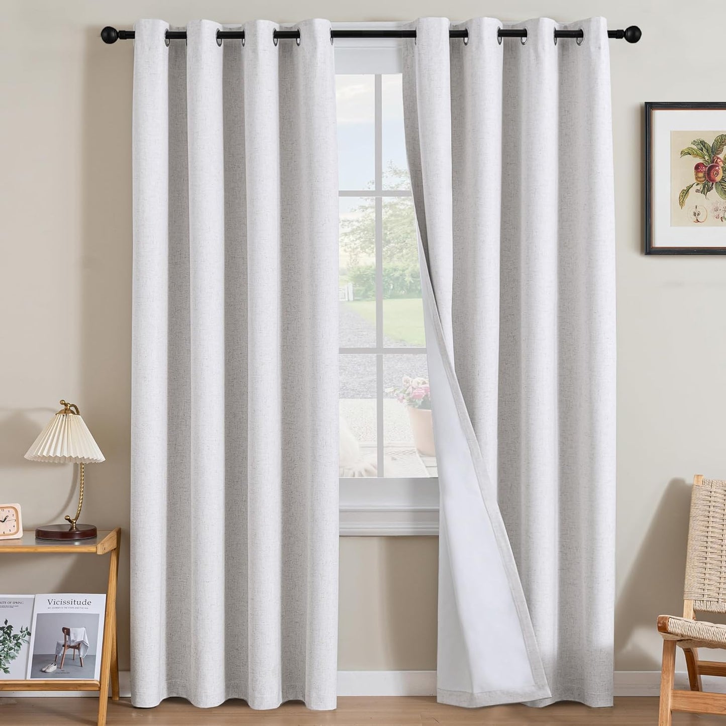 H.VERSAILTEXLinen-Polyester Curtains 100%Blackout Curtains for Bedroom 96"Long Full Light Blocking Nature Linen-Polyester Blended Window Curtains for LivingRoomNickel Grommet(2Panels,HeatheredNatural)