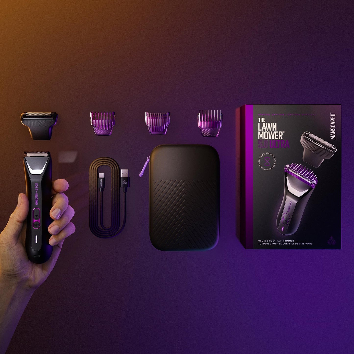 MANSCAPED® The Lawn Mower® 5.0 Ultra Groin & Body Hair Trimmer – Dual-Head SkinSafe® Trimmer & Foil Blades, Waterproof Wet/Dry Groomer, USB-C Rechargeable with Travel Case, Men’s Ball Shaver, Black