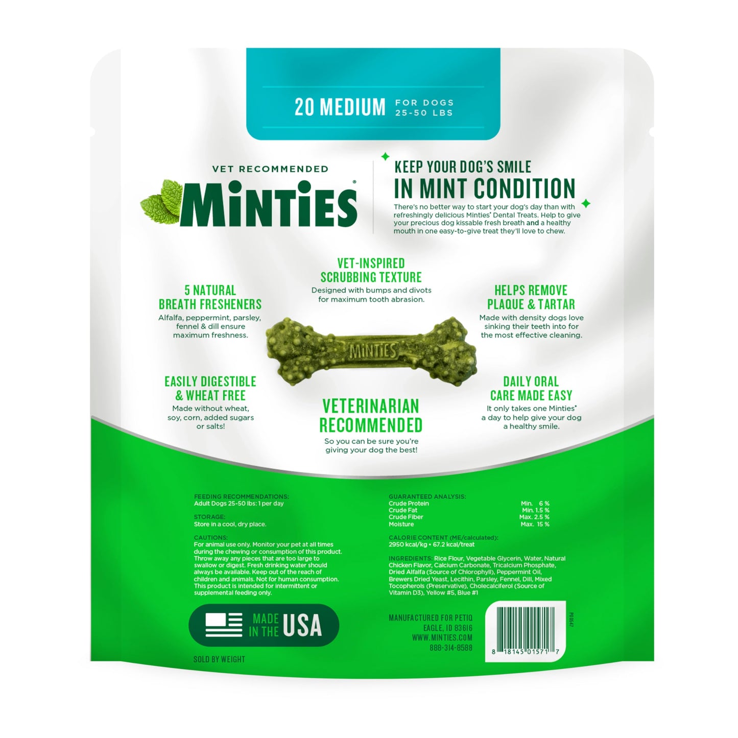 Minties Dog Dental Bone Treats, Tiny/Small Dental Dog Treats, 16 Ounces, Cleans Teeth, Fight Bad Breath, Removes Plaque and Tartar, 16 Count