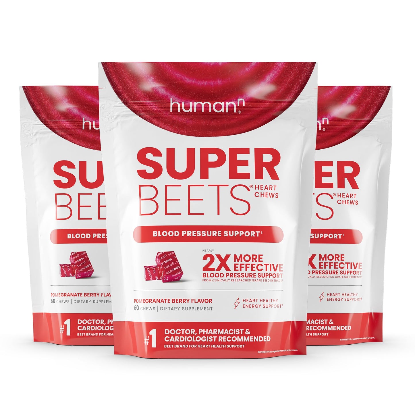Humann SuperBeets Heart Chews, Nitric Oxide and Blood Pressure Support, Grape Seed Extract & Non-GMO Beet Root Powder Energy Supplement, Pomegranate Berry Flavor, 60 Count