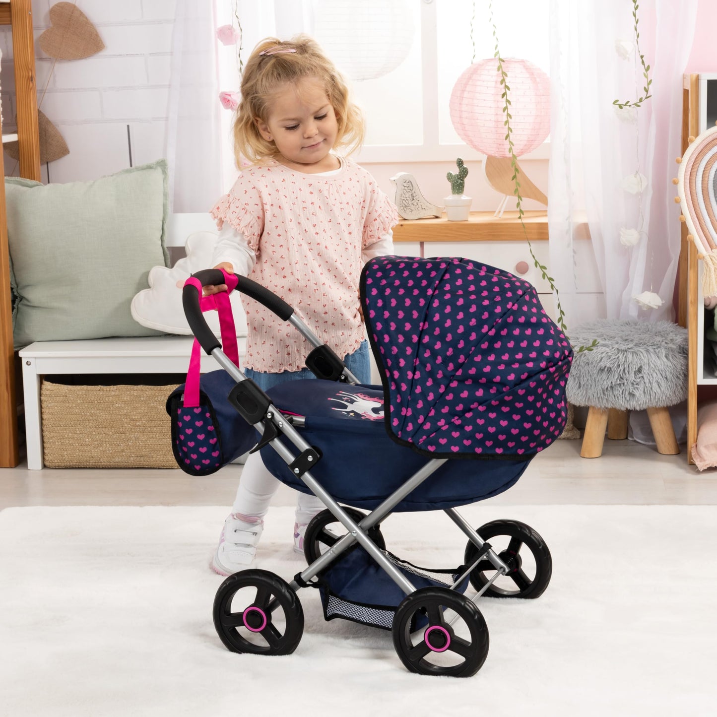 Bayer: 4-in-1 Toy Baby Doll Pram Stroller Cosy Set - Dolls Up to 18" (Pink/Grey) | Baby Dolls | Pretend | Dress up | Accessory