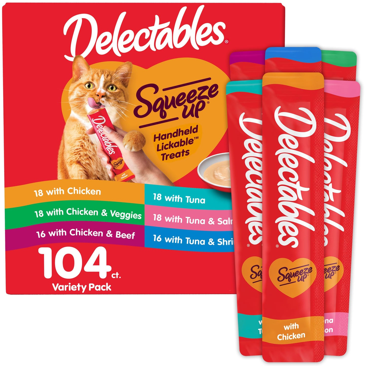Delectables Squeeze Up Variety Pack, Creamy Squeezable Puree, Lickable Wet Cat Treats, Grain Free, No Added Fillers, No By-Products, No Added Preservatives, 0.5 Ounces Tube, 24 Tubes Total