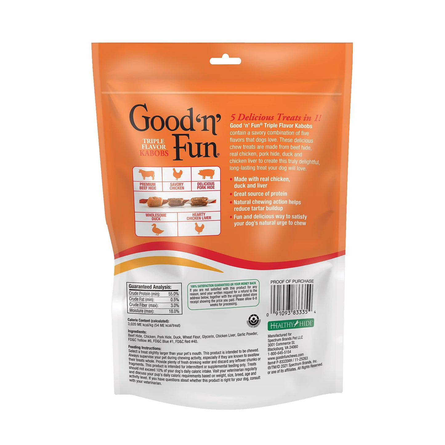 Good ‘n’ Fun Triple Flavor Kabobs Chews for All Dogs, 24 Ounces, Treat Your Dog to Chews Made from Beef Hide, Real Chicken, Pork Hide, Duck and Chicken Liver