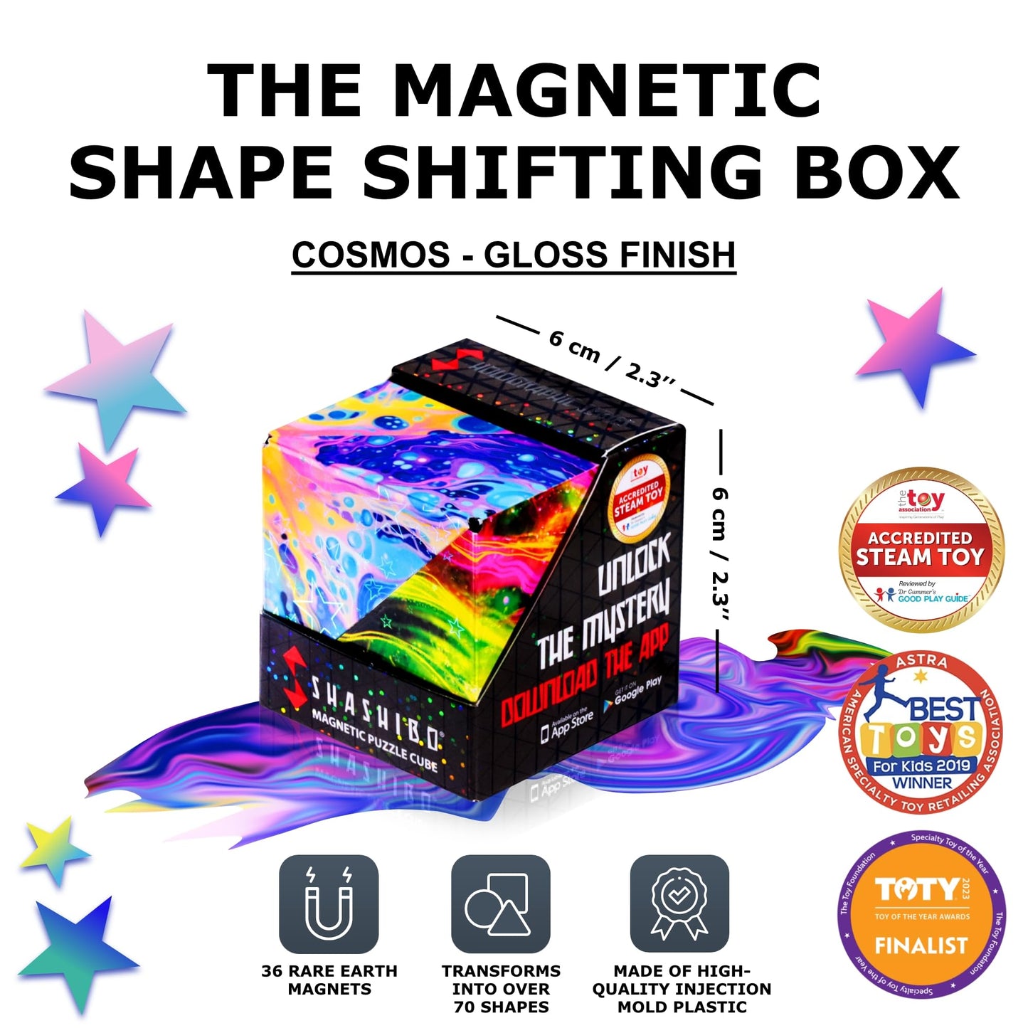 SHASHIBO Shape Shifting Box - Award-Winning Fidget Toy w/ 36 Rare Earth Magnets - Fidget Cube Transforms Into Over 70 Shapes, Sensory Toy Gift for Kids, Teens, and Adults (Vapor)