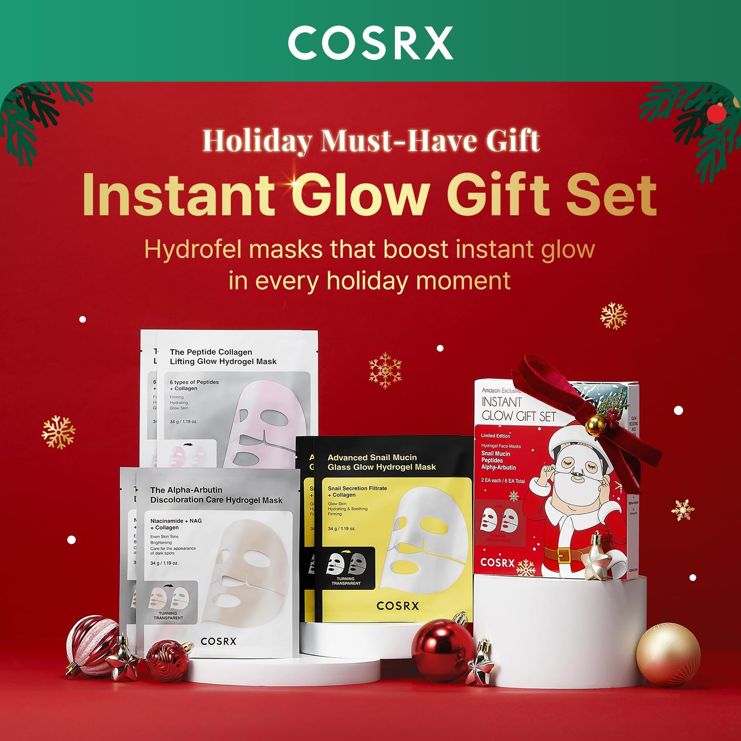 COSRX Advanced Snail Mucin Glass Glow Hydrogel Face Masks Skincare 3 EA, Collagen Face Mask, Travel Essentials, Overnight Face Mask, Korean Skin Care, Stocking Stuffers for Women