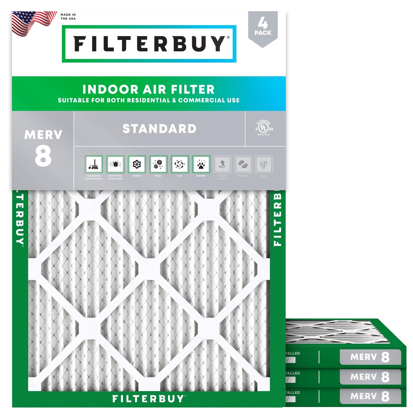Filterbuy 16x25x1 Air Filter MERV 8 Essential Dust & Allergy Defense (4-Pack), Electrostatic Pleated HVAC AC Furnace Filters Replacement, Made in USA (Actual Size: 15.50 x 24.50 x 0.75)