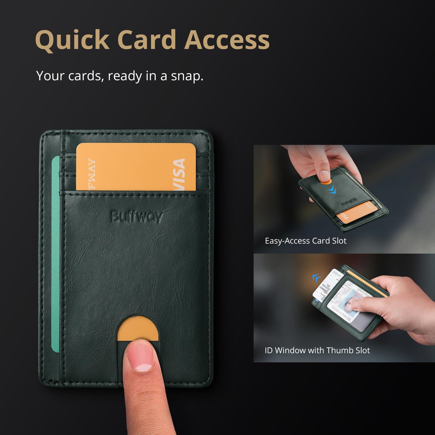 Buffway Slim Minimalist Front Pocket RFID Blocking Leather Wallets for Men and Women - Alaska Black