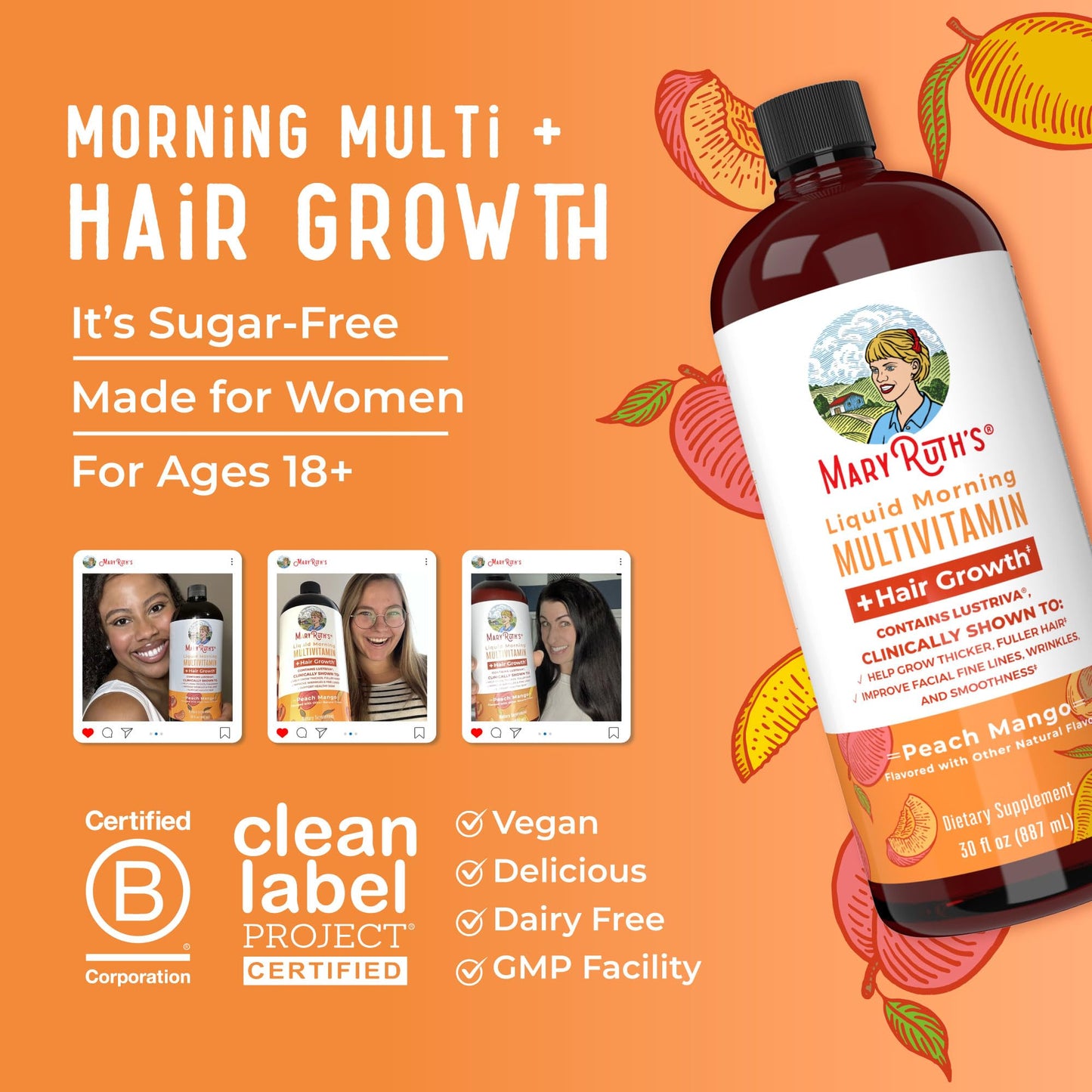 MaryRuth's Liquid Multivitamin + Hair Growth | Biotin 10000mcg | Lustriva Hair Growth Supplement | Clinically Tested in Women for Thicker Hair & Facial Wrinkle | Skin Care | Ages 18+ | 15.22 Fl Oz