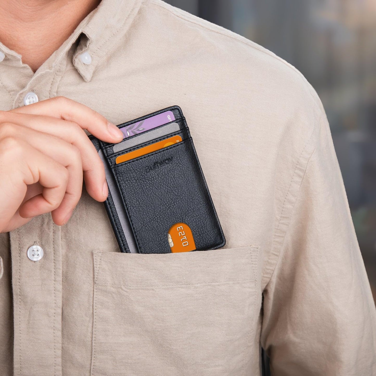 Buffway Slim Minimalist Front Pocket RFID Blocking Leather Wallets for Men and Women - Alaska Black