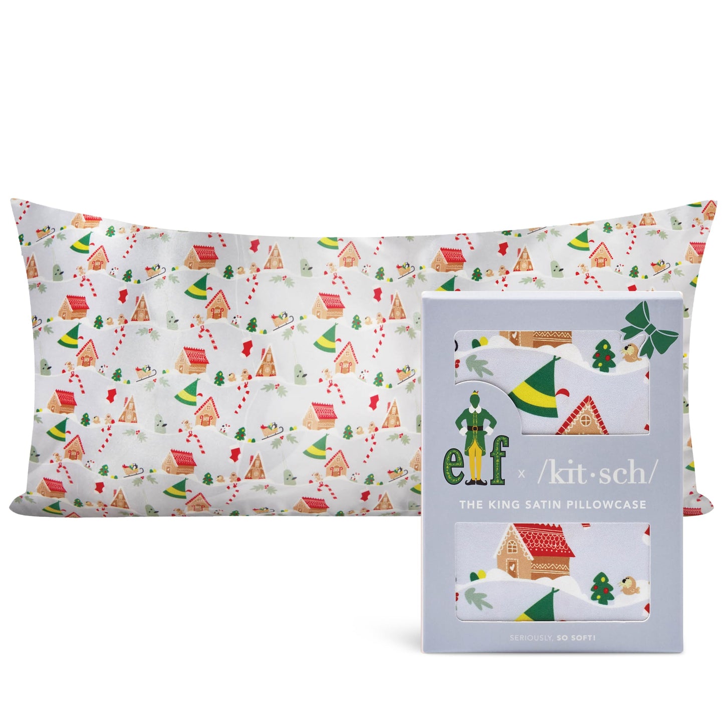 Kitsch x Elf North Pole - Satin Pillowcase with Zipper for Hair & Skin – Softer Than Silk, Cooling Pillow case, Wrinkle-Free, Machine Washable, Queen/Standard (19x26)