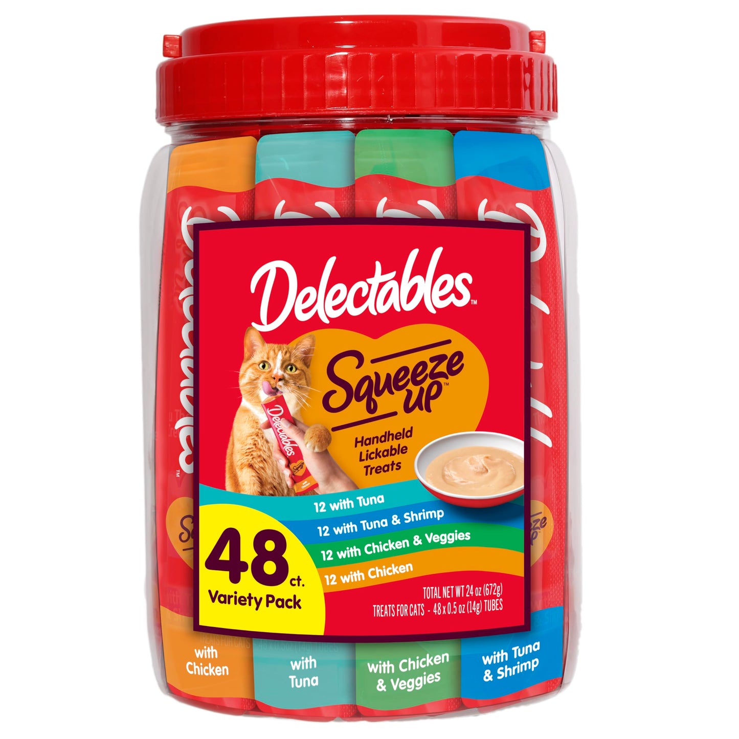 Delectables Squeeze Up Variety Pack, Creamy Squeezable Puree, Lickable Wet Cat Treats, Grain Free, No Added Fillers, No By-Products, No Added Preservatives, 0.5 Ounces Tube, 24 Tubes Total