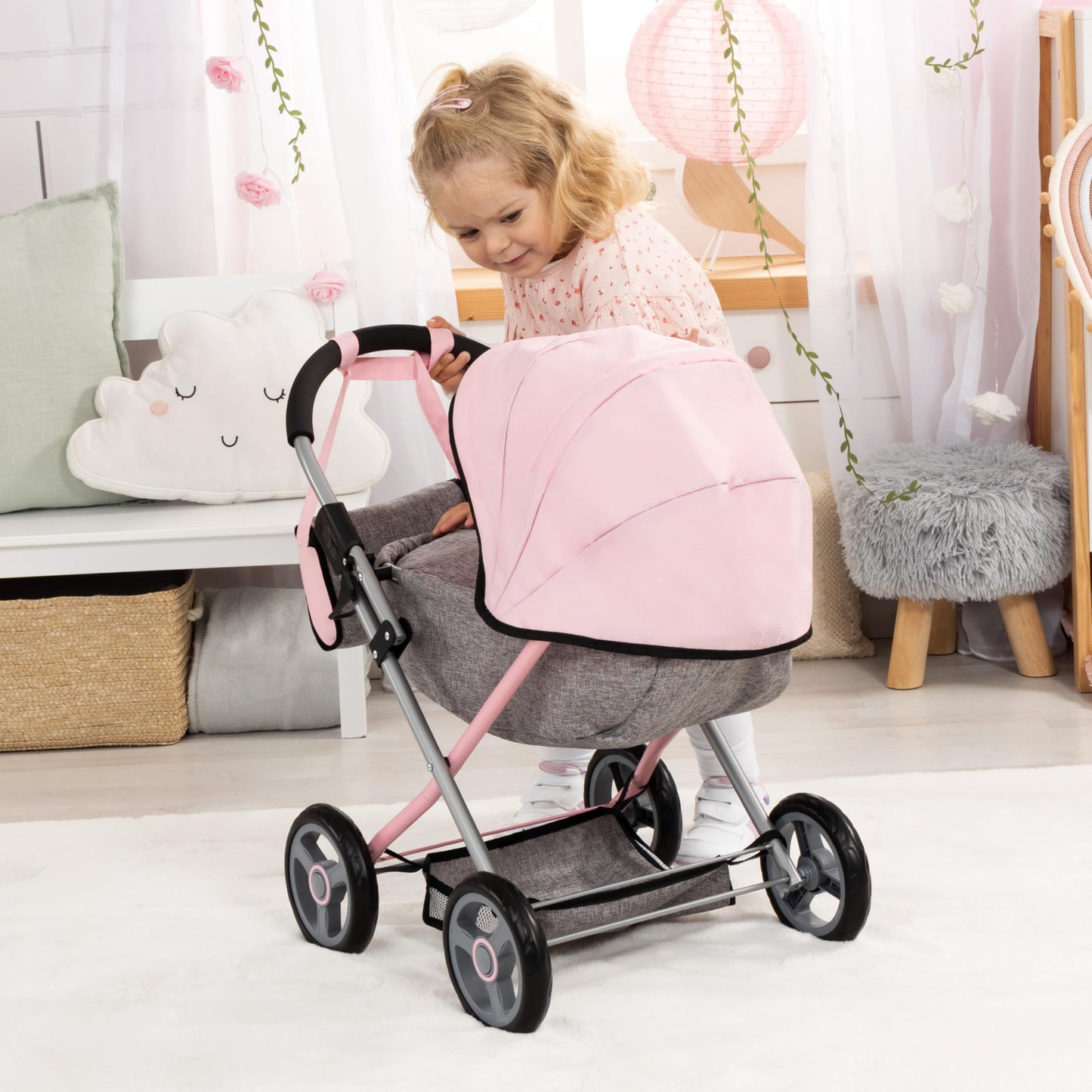 Bayer: 4-in-1 Toy Baby Doll Pram Stroller Cosy Set - Dolls Up to 18" (Pink/Grey) | Baby Dolls | Pretend | Dress up | Accessory
