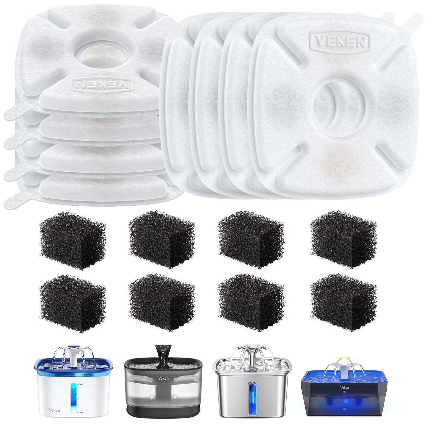 Veken Cat Water Fountain Filters, 8 Pack Replacement Filters & 8 Pack Replacement Pre-Filter Sponges Set for 50oz, 84oz, 95oz or 108oz Automatic Pet Fountain Dog Water Dispenser