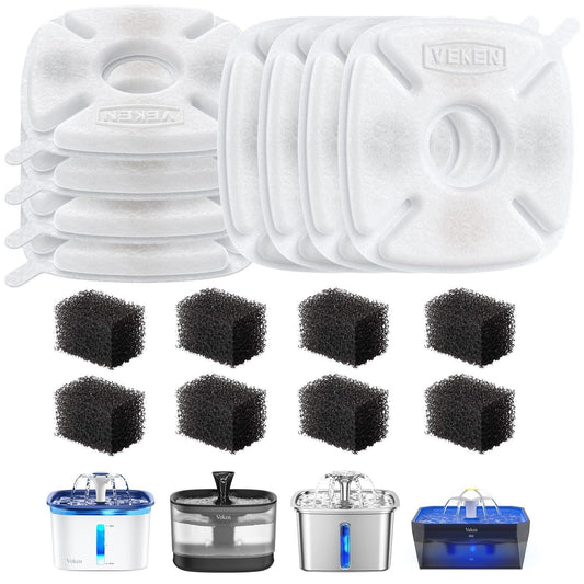 Veken Cat Water Fountain Filters, 8 Pack Replacement Filters & 8 Pack Replacement Pre-Filter Sponges Set for 50oz, 84oz, 95oz or 108oz Automatic Pet Fountain Dog Water Dispenser