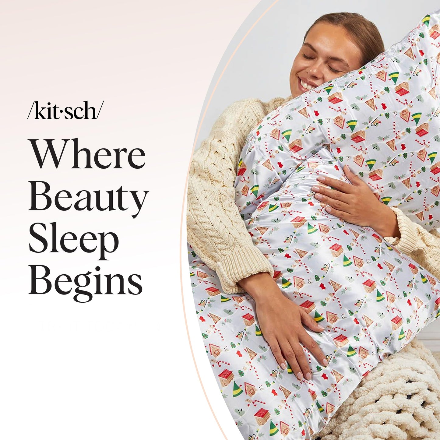 Kitsch x Elf North Pole - Satin Pillowcase with Zipper for Hair & Skin – Softer Than Silk, Cooling Pillow case, Wrinkle-Free, Machine Washable, Queen/Standard (19x26)