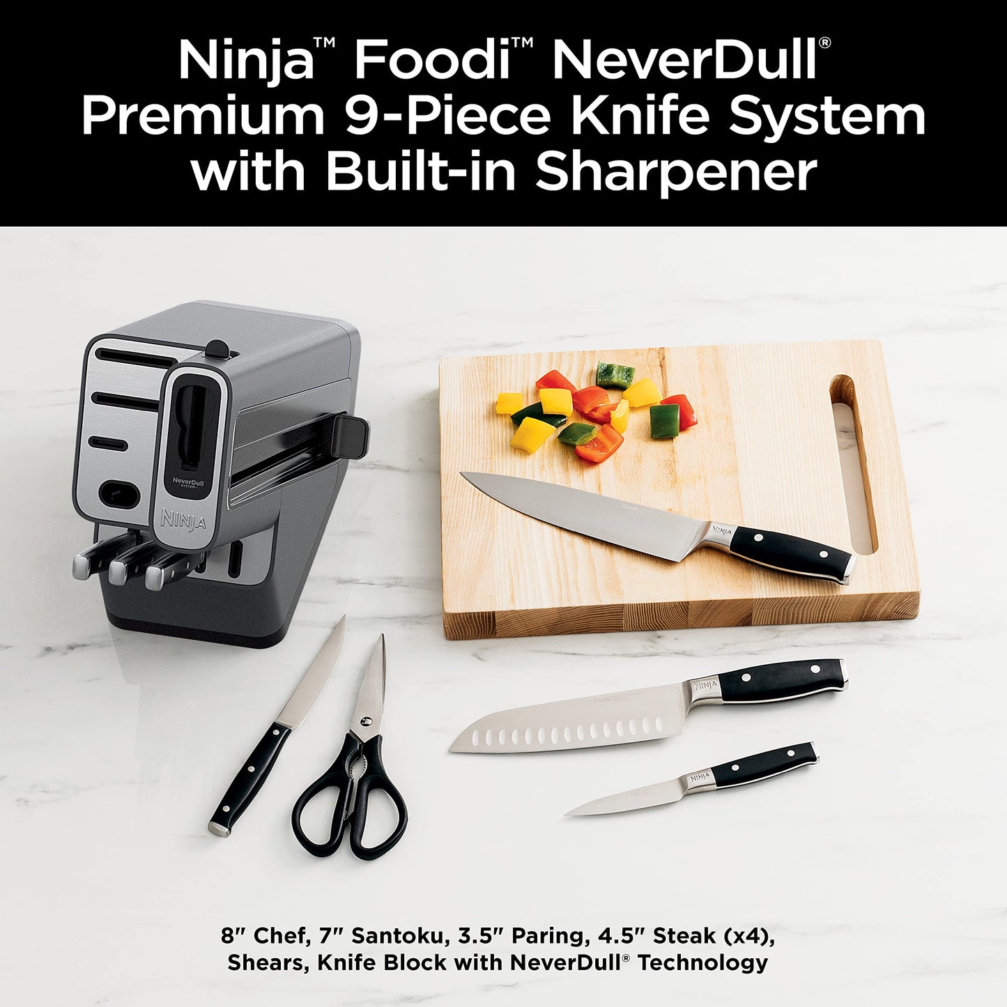 Ninja Knife Set, Knife Sharpener, Knife Block Set, Stainless Steel Knives, 14 Piece Set, Steak Knives, Chef Knives and More, Foodi NeverDull, Black, K32014