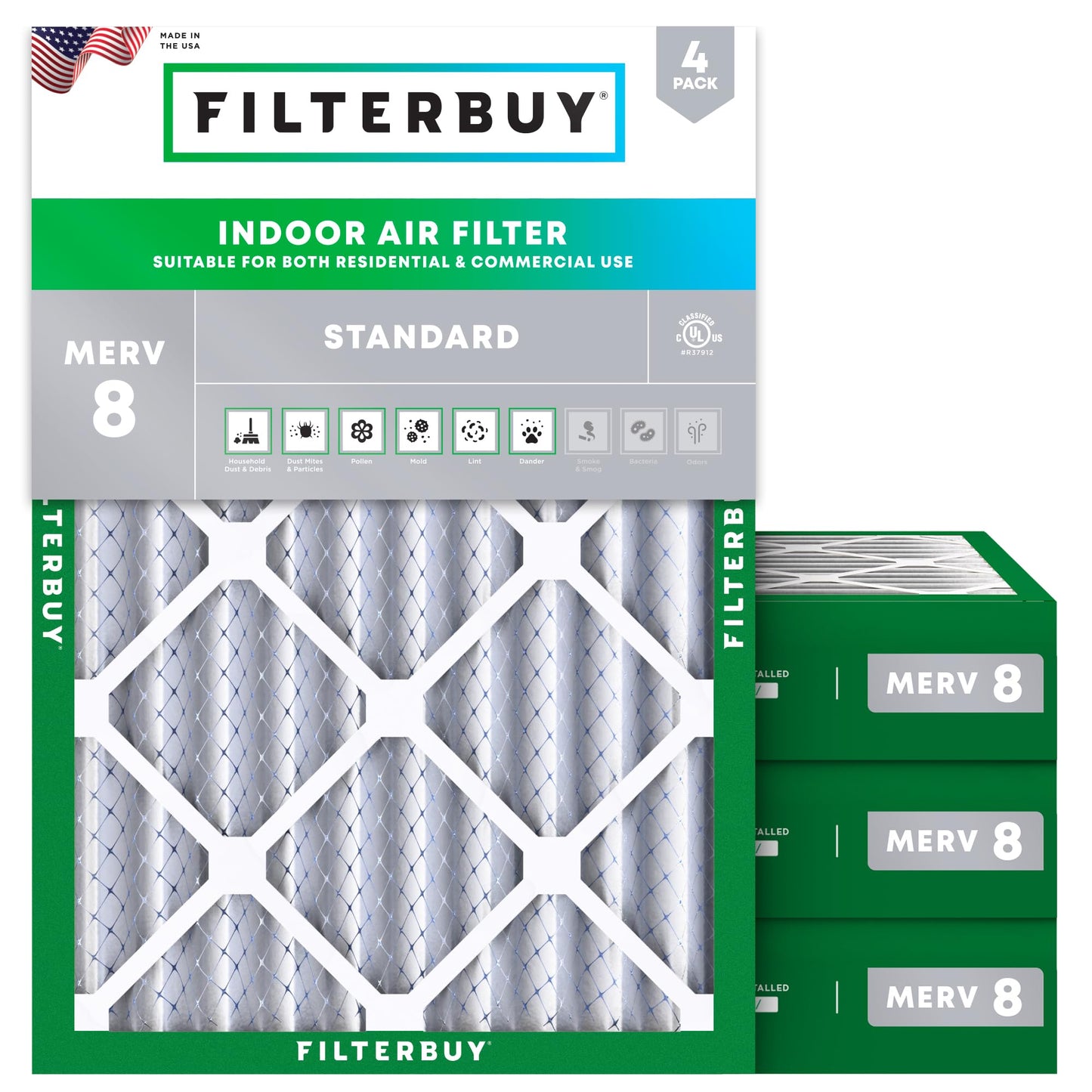 Filterbuy 16x25x1 Air Filter MERV 8 Essential Dust & Allergy Defense (4-Pack), Electrostatic Pleated HVAC AC Furnace Filters Replacement, Made in USA (Actual Size: 15.50 x 24.50 x 0.75)