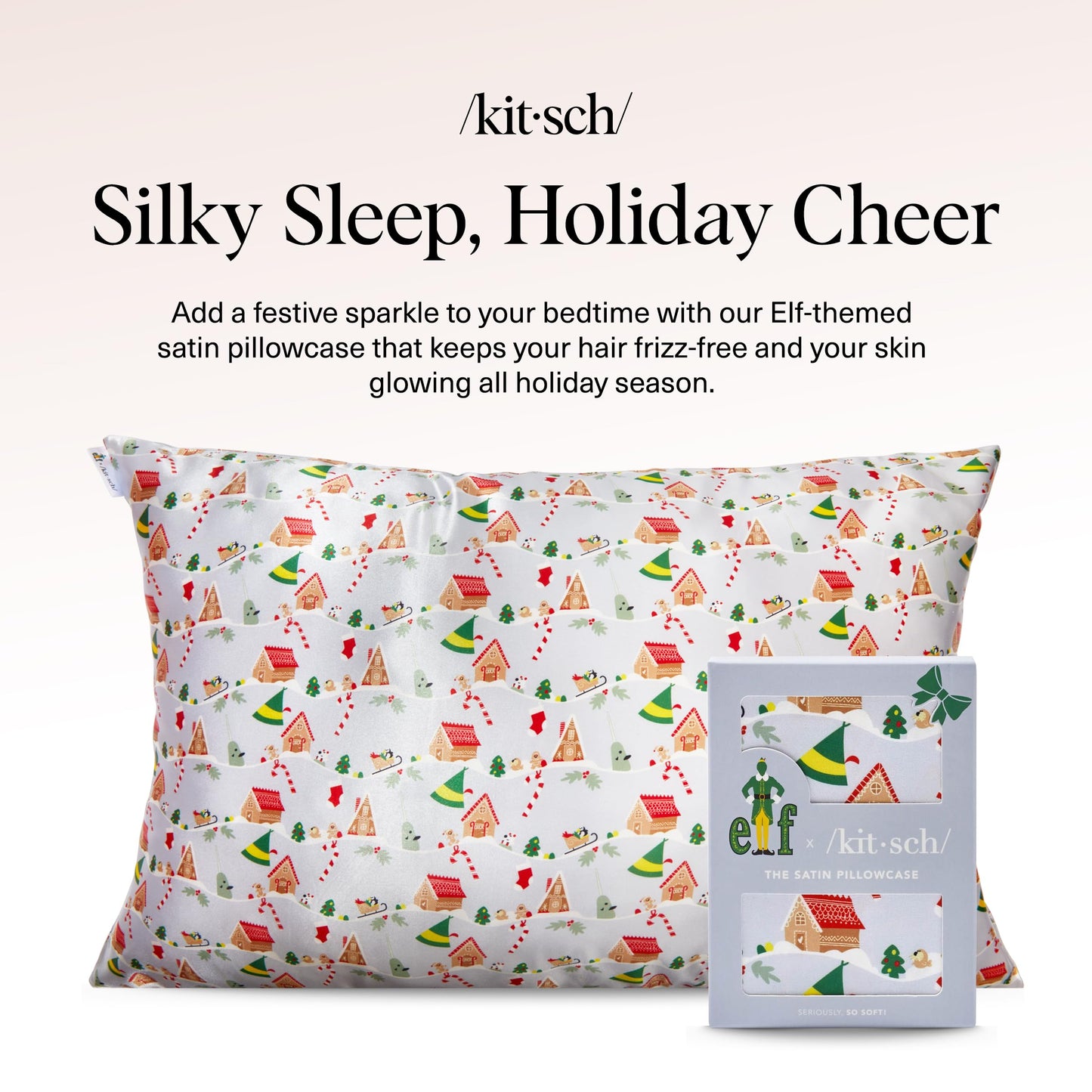 Kitsch x Elf North Pole - Satin Pillowcase with Zipper for Hair & Skin – Softer Than Silk, Cooling Pillow case, Wrinkle-Free, Machine Washable, Queen/Standard (19x26)