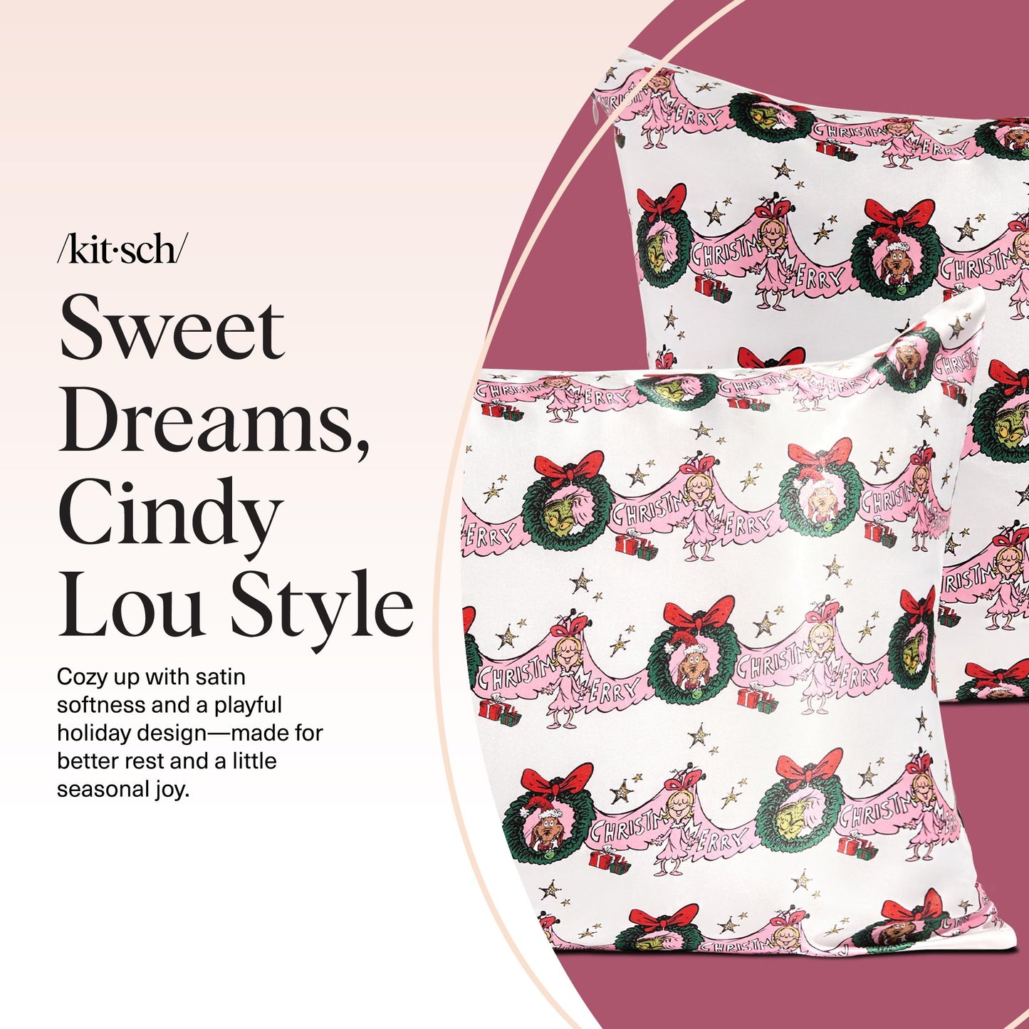 Kitsch x Elf North Pole - Satin Pillowcase with Zipper for Hair & Skin – Softer Than Silk, Cooling Pillow case, Wrinkle-Free, Machine Washable, Queen/Standard (19x26)