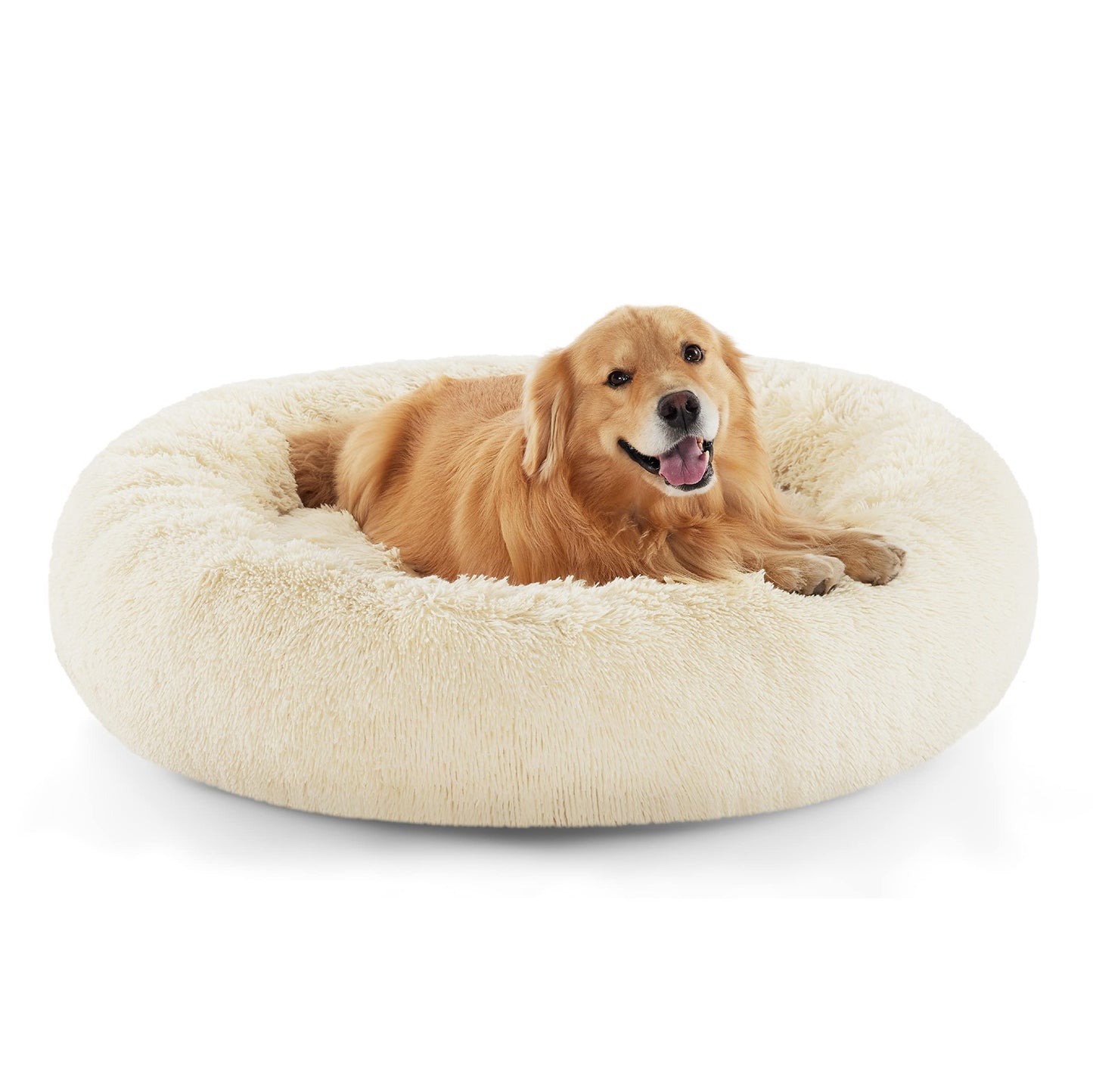 Bedsure Calming Dog Bed Medium Size Dog - Donut Washable Medium Pet Bed, 30 inches Anti-Slip Round Fluffy Plush Faux Fur Cat Bed, Fits up to 45 lbs Pets, Camel