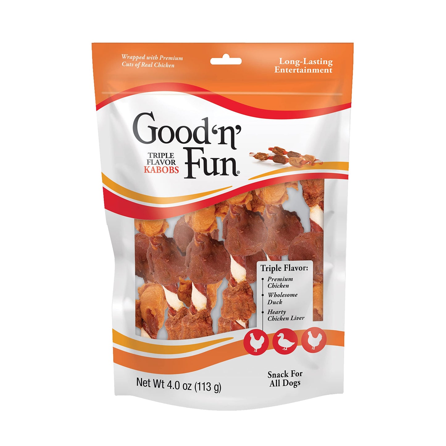 Good ‘n’ Fun Triple Flavor Kabobs Chews for All Dogs, 24 Ounces, Treat Your Dog to Chews Made from Beef Hide, Real Chicken, Pork Hide, Duck and Chicken Liver