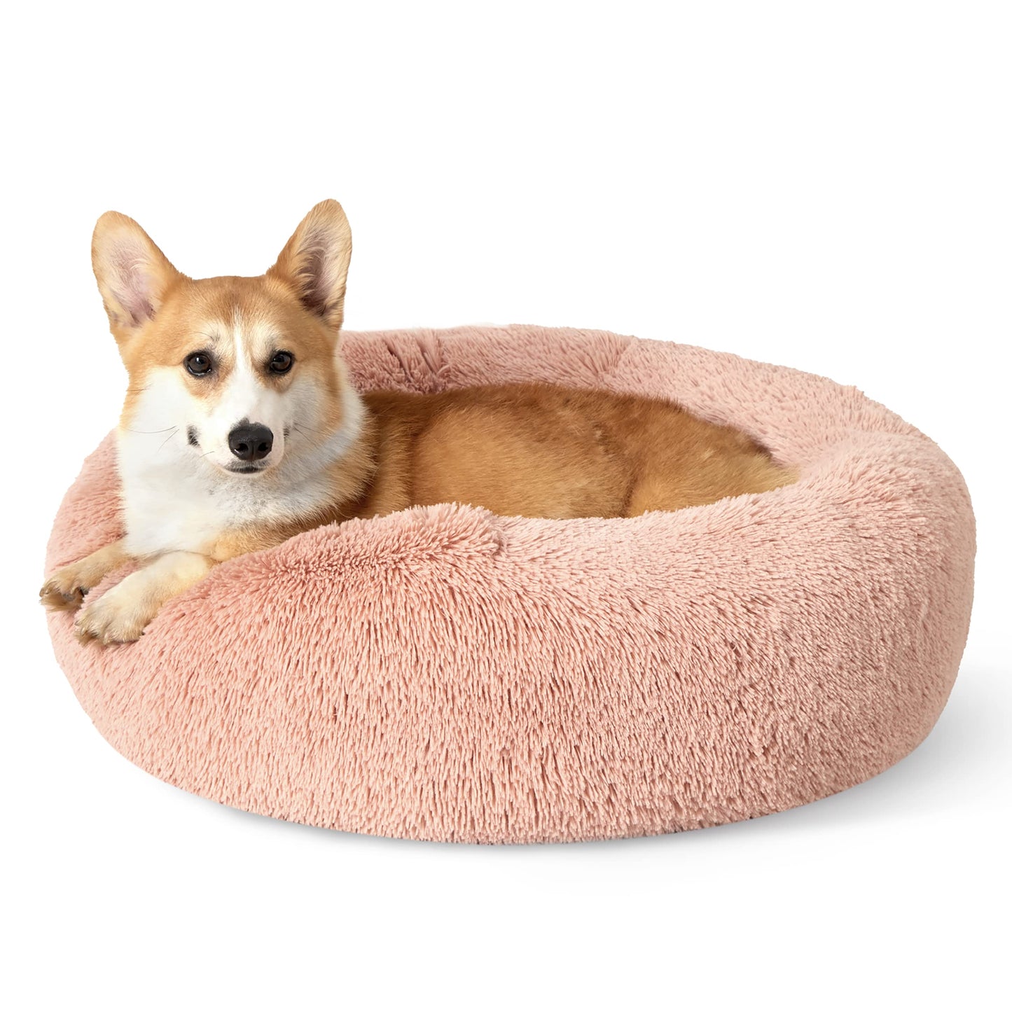 Bedsure Calming Dog Bed Medium Size Dog - Donut Washable Medium Pet Bed, 30 inches Anti-Slip Round Fluffy Plush Faux Fur Cat Bed, Fits up to 45 lbs Pets, Camel