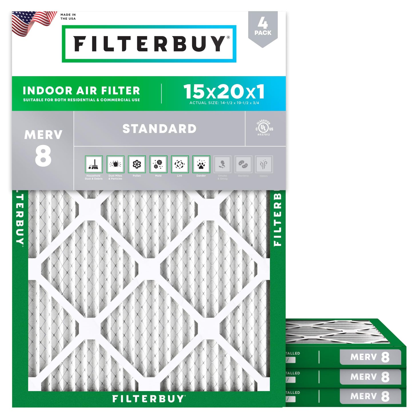 Filterbuy 16x25x1 Air Filter MERV 8 Essential Dust & Allergy Defense (4-Pack), Electrostatic Pleated HVAC AC Furnace Filters Replacement, Made in USA (Actual Size: 15.50 x 24.50 x 0.75)