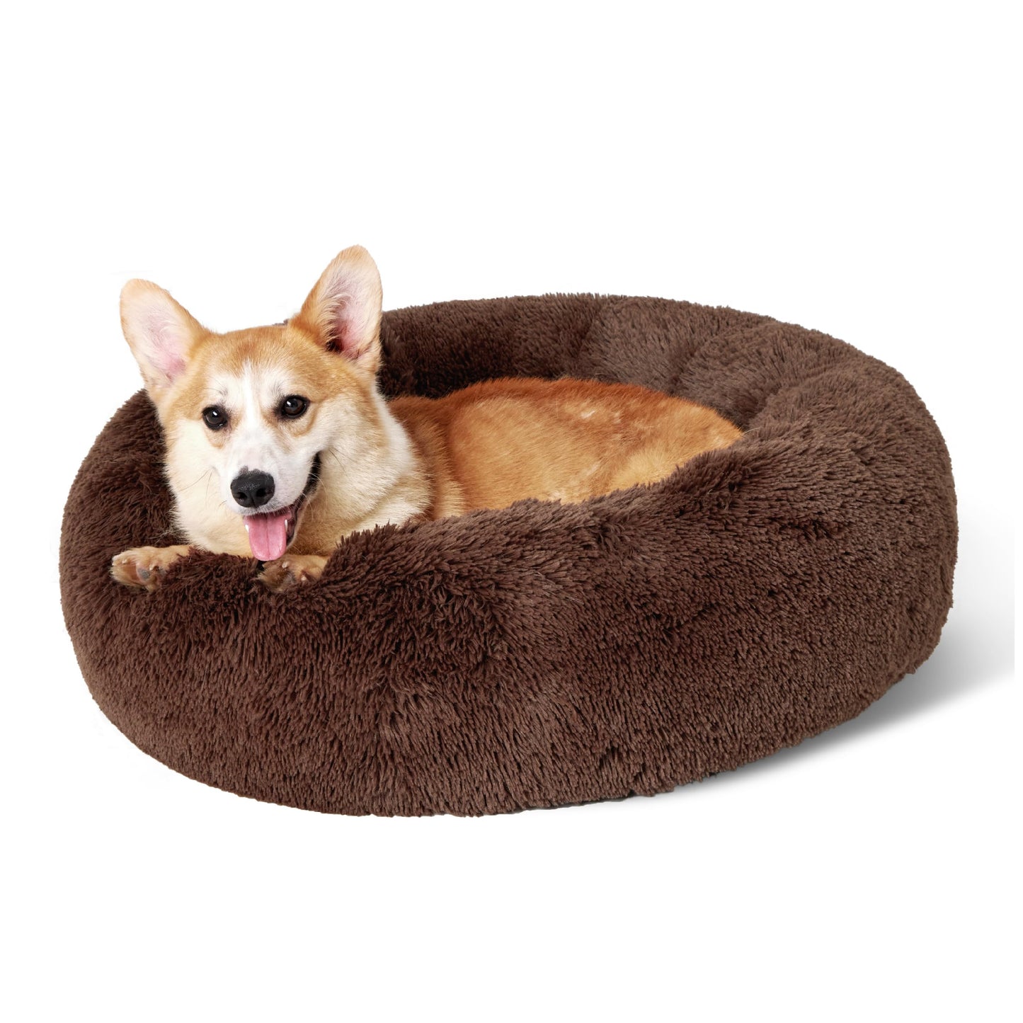 Bedsure Calming Dog Bed Medium Size Dog - Donut Washable Medium Pet Bed, 30 inches Anti-Slip Round Fluffy Plush Faux Fur Cat Bed, Fits up to 45 lbs Pets, Camel