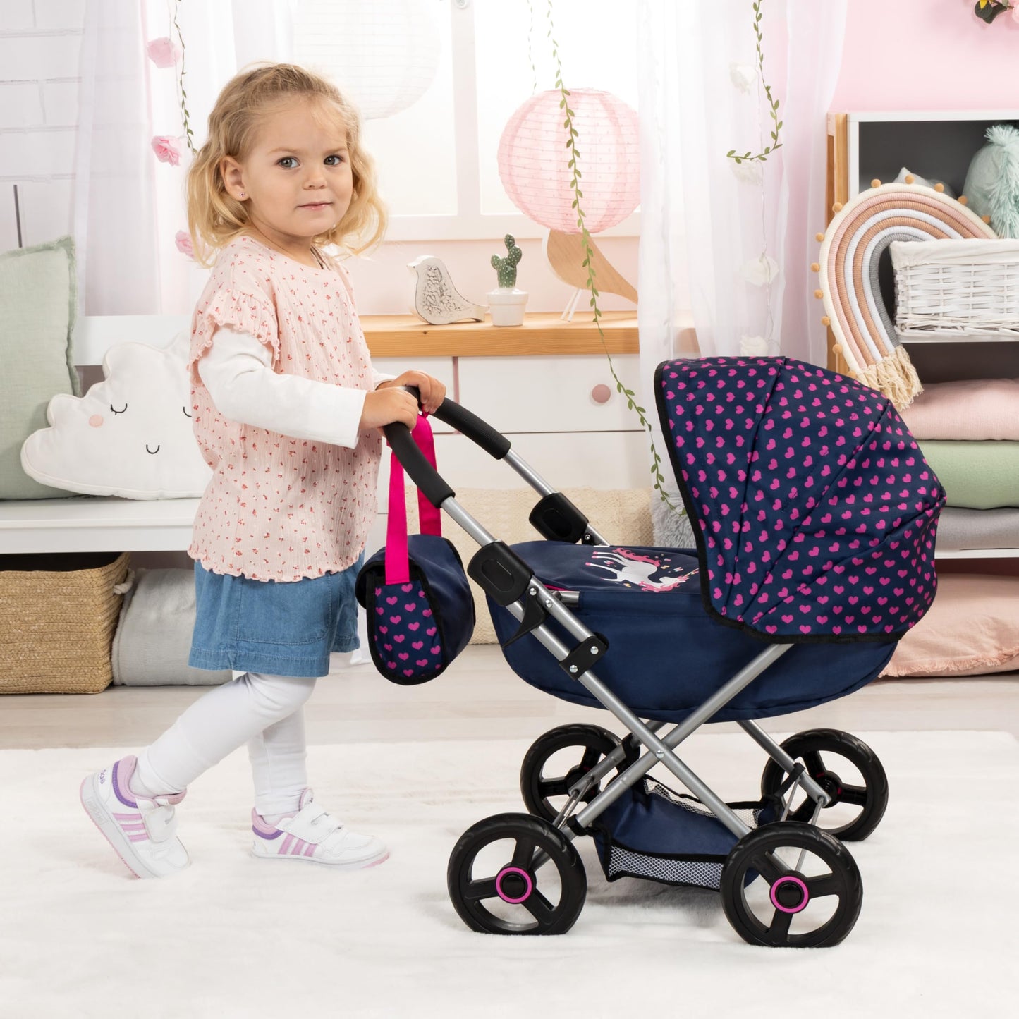 Bayer: 4-in-1 Toy Baby Doll Pram Stroller Cosy Set - Dolls Up to 18" (Pink/Grey) | Baby Dolls | Pretend | Dress up | Accessory