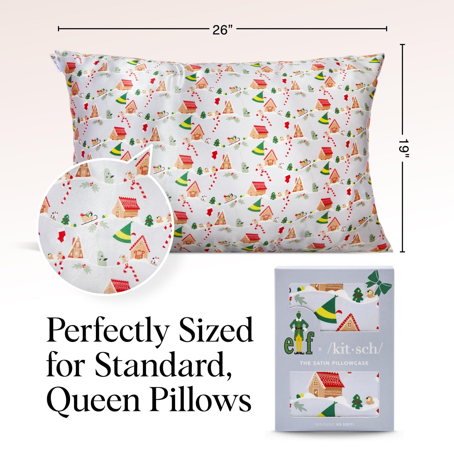 Kitsch x Elf North Pole - Satin Pillowcase with Zipper for Hair & Skin – Softer Than Silk, Cooling Pillow case, Wrinkle-Free, Machine Washable, Queen/Standard (19x26)