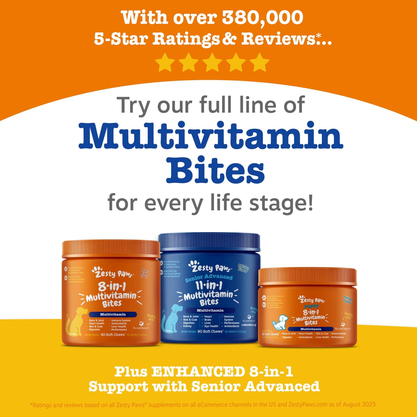 Zesty Paws Dog Multivitamin, Chewable Dog Vitamins and Supplements for Hip & Joints, Skin & Coat, Omega 3 Fish Oil for Dogs- Senior & Puppy Multivitamin- Chicken- 90ct