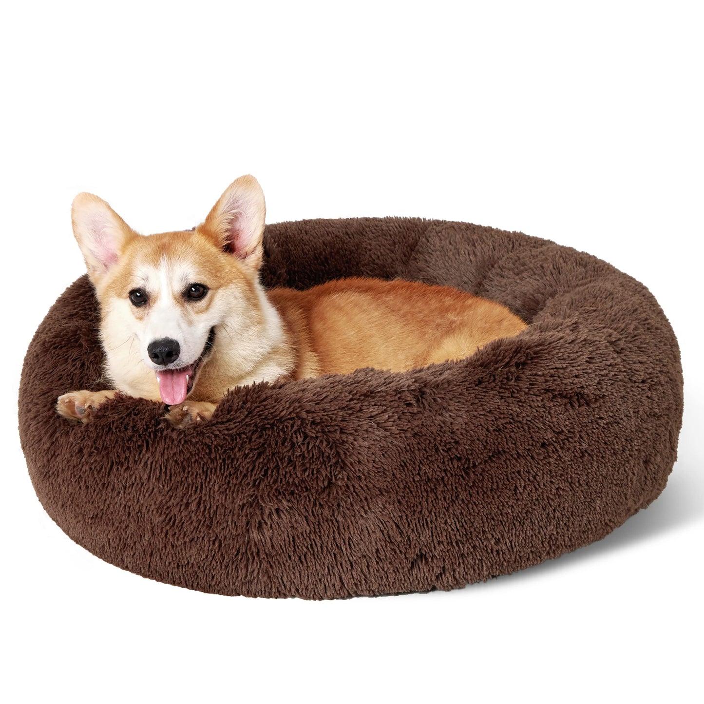 Bedsure Calming Dog Bed Medium Size Dog - Donut Washable Medium Pet Bed, 30 inches Anti-Slip Round Fluffy Plush Faux Fur Cat Bed, Fits up to 45 lbs Pets, Camel