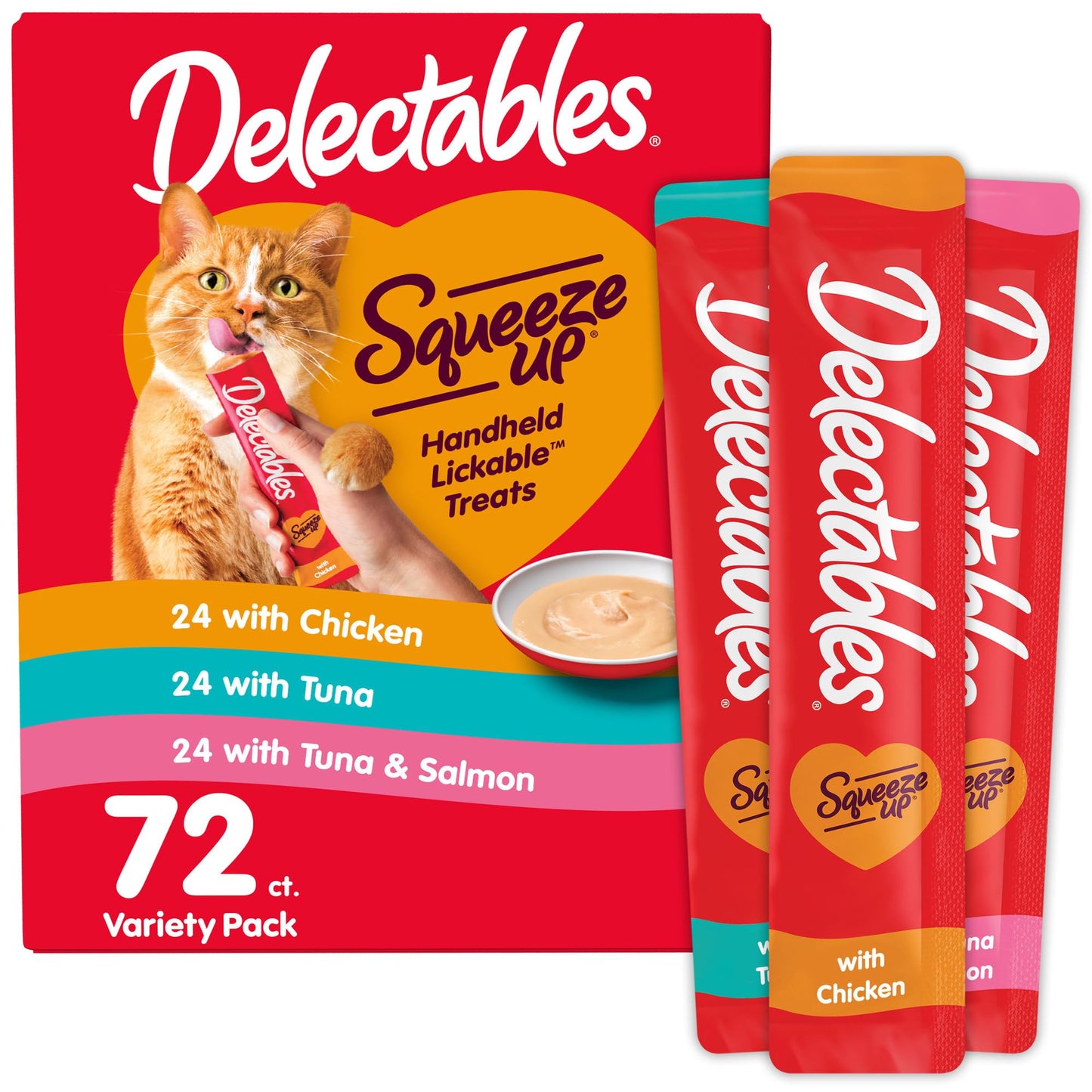 Delectables Squeeze Up Variety Pack, Creamy Squeezable Puree, Lickable Wet Cat Treats, Grain Free, No Added Fillers, No By-Products, No Added Preservatives, 0.5 Ounces Tube, 24 Tubes Total