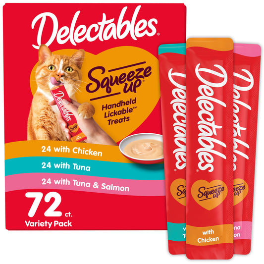 Delectables Squeeze Up Variety Pack, Creamy Squeezable Puree, Lickable Wet Cat Treats, Grain Free, No Added Fillers, No By-Products, No Added Preservatives, 0.5 Ounces Tube, 24 Tubes Total