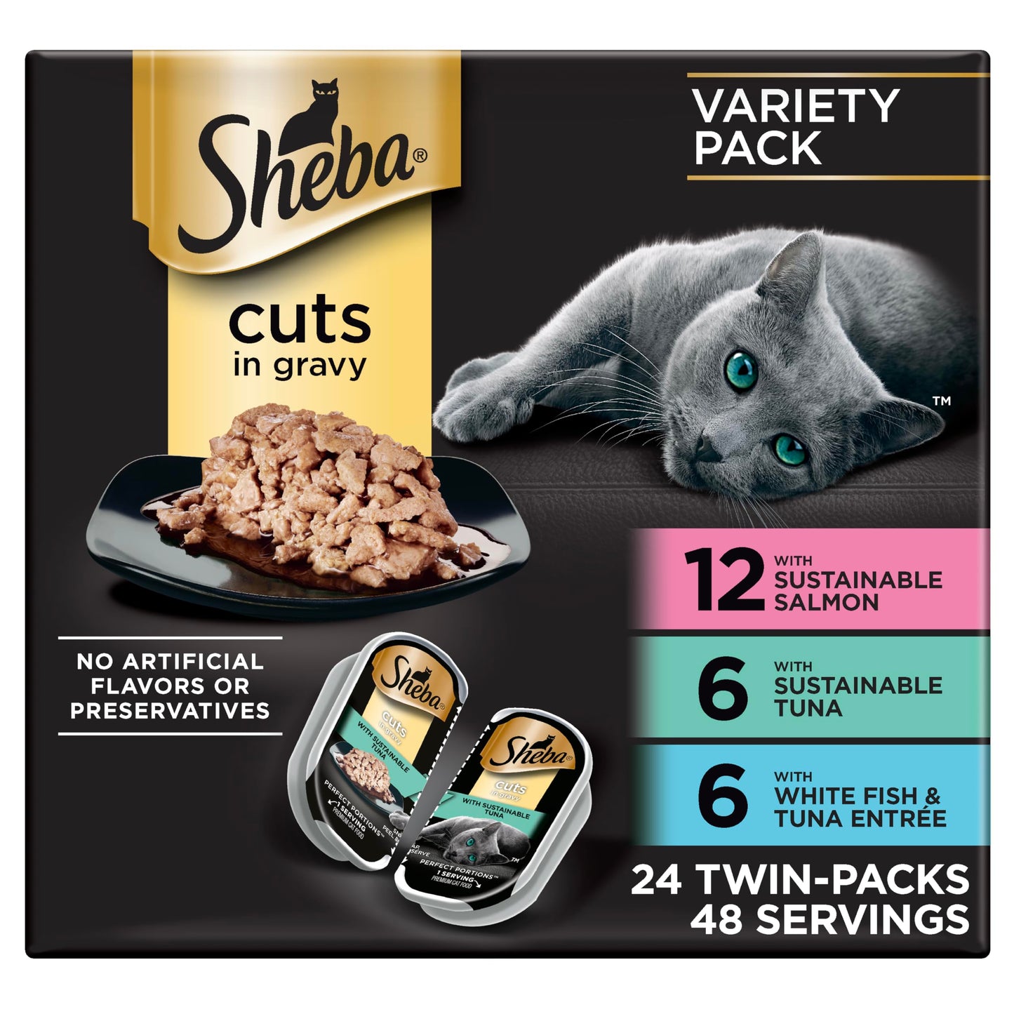 Sheba Perfect Portions Wet Cat Food Cuts in Gravy, Roasted Chicken Entree, with Sustainable Salmon, Tender Turkey Entree, 2.6 oz. Twin-Pack Trays (24 Count, 48 Servings)