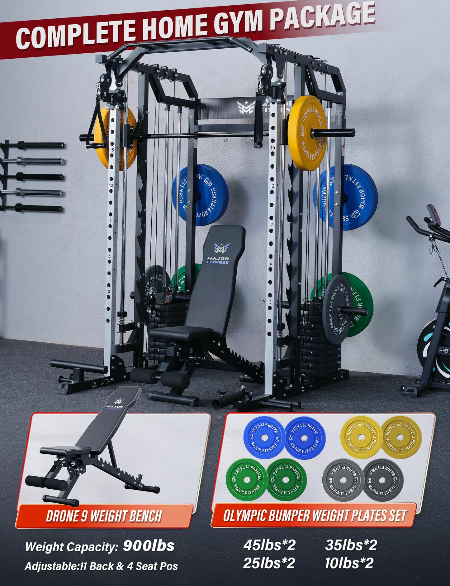 Major Fitness Drone2 Advanced Training Smith Machines– All-in-One Home Gym Squat Rack with Aluminum Pulley Set , Weight Bar, Dual LAT Pull-Down Systems & Cable Crossover Machine for Full-Body Workouts