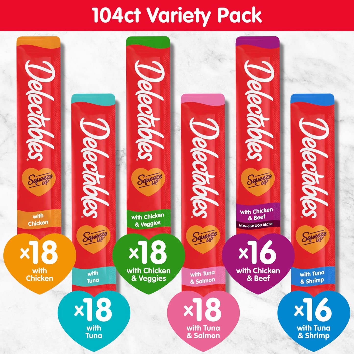 Delectables Squeeze Up Variety Pack, Creamy Squeezable Puree, Lickable Wet Cat Treats, Grain Free, No Added Fillers, No By-Products, No Added Preservatives, 0.5 Ounces Tube, 24 Tubes Total