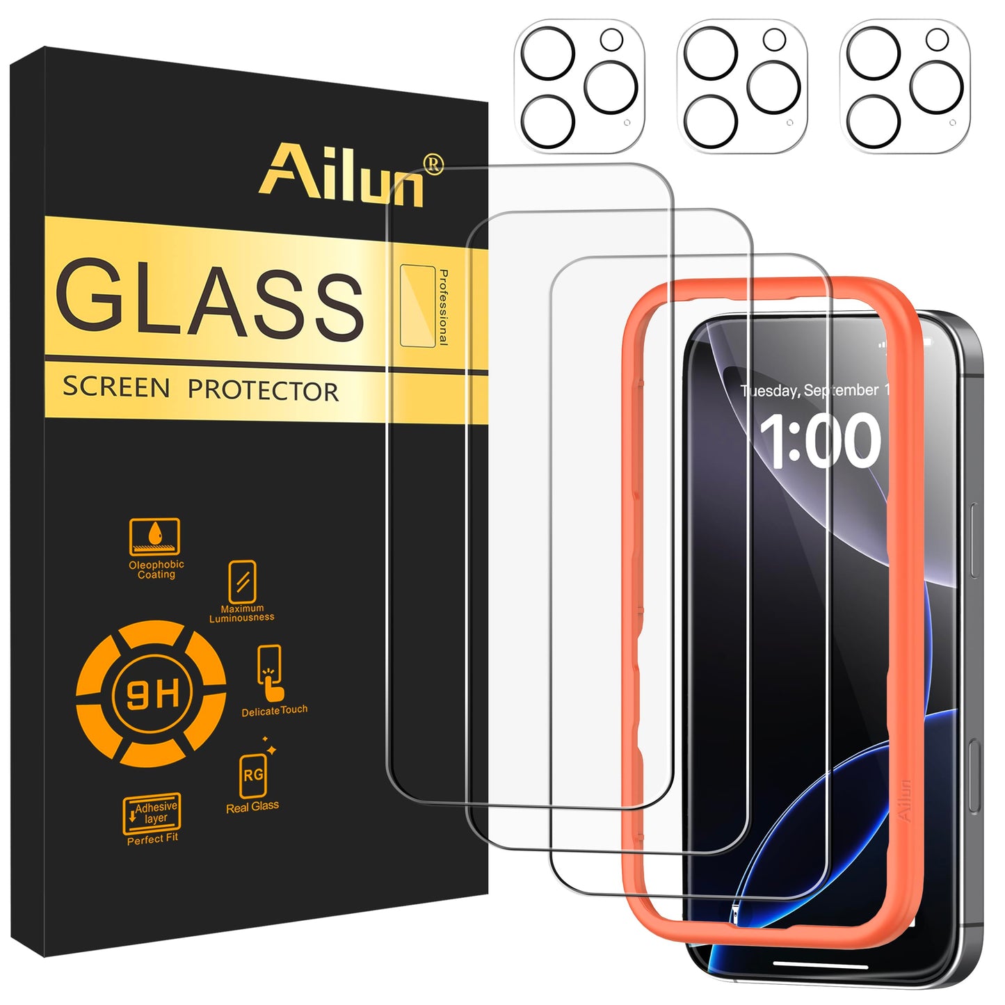 Ailun 3 Pack Screen Protector for iPhone 17 Pro Max [6.9 inch] + 3 Pack Camera Lens Protector with Installation Frame,Dynamic Island Compatible,Case Friendly[Not for iPhone 17/17 Pro/iPhone Air]