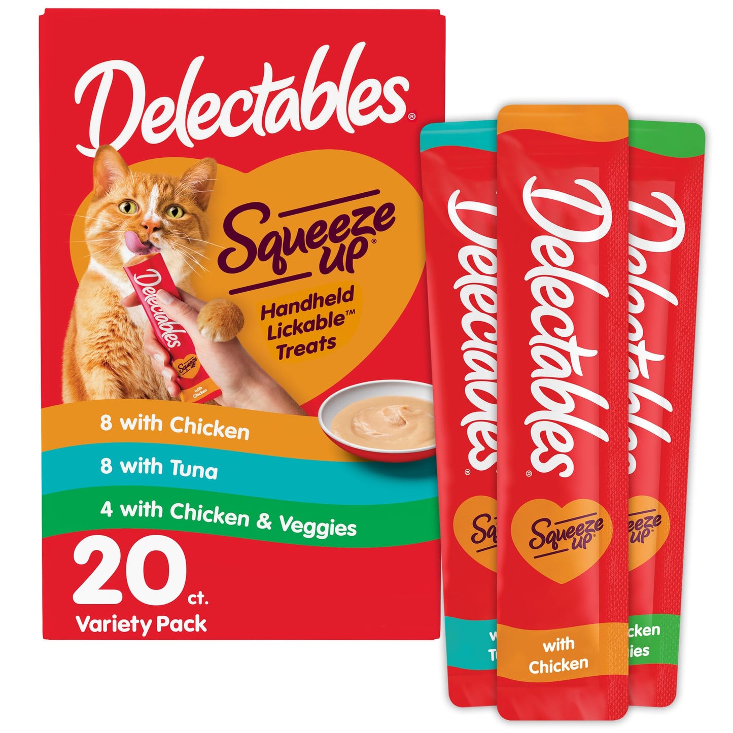 Delectables Squeeze Up Variety Pack, Creamy Squeezable Puree, Lickable Wet Cat Treats, Grain Free, No Added Fillers, No By-Products, No Added Preservatives, 0.5 Ounces Tube, 24 Tubes Total