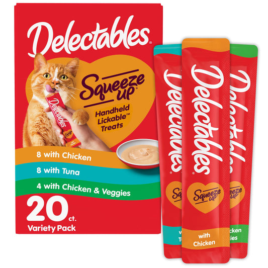 Delectables Squeeze Up Variety Pack, Creamy Squeezable Puree, Lickable Wet Cat Treats, Grain Free, No Added Fillers, No By-Products, No Added Preservatives, 0.5 Ounces Tube, 24 Tubes Total