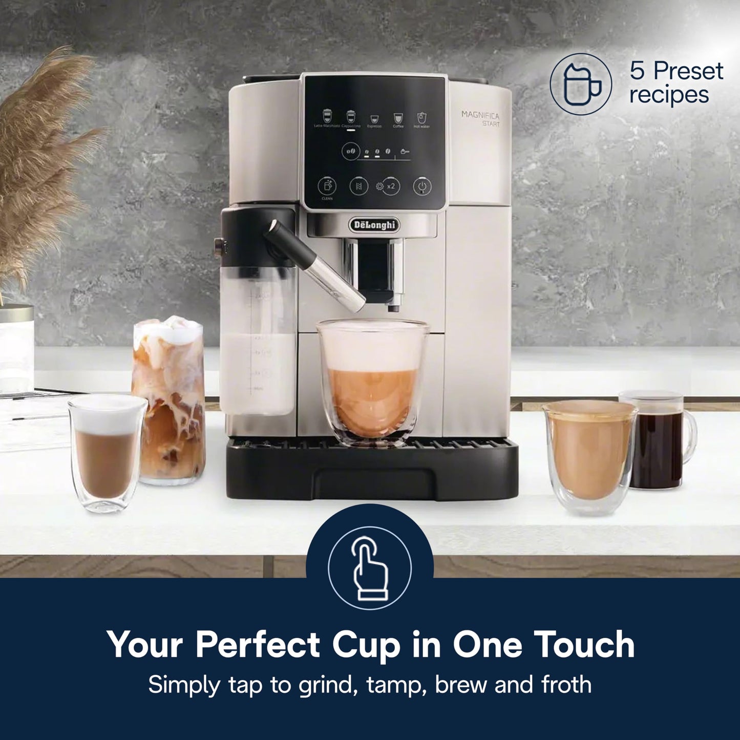 De'Longhi Magnifica Plus Fully Automatic Espresso Machine - Brew 18+ One Touch Coffee Recipes for up to 4 User Profiles, Automatic Milk Steam Wand & Built-in Grinder, Touchscreen Display