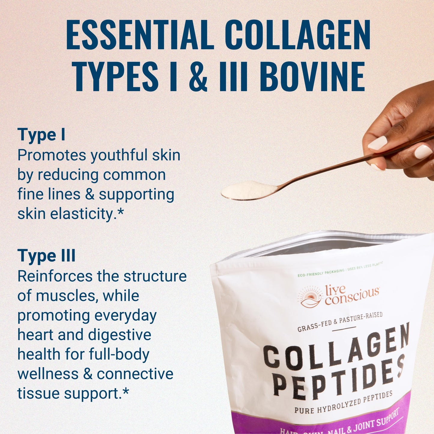 Live Conscious Collagen Peptides Powder - Naturally-Sourced Hydrolyzed Collagen Powder - Hair, Skin, Nail, and Joint Support - Type I & III Grass-Fed Collagen Supplements for Women and Men - 16oz