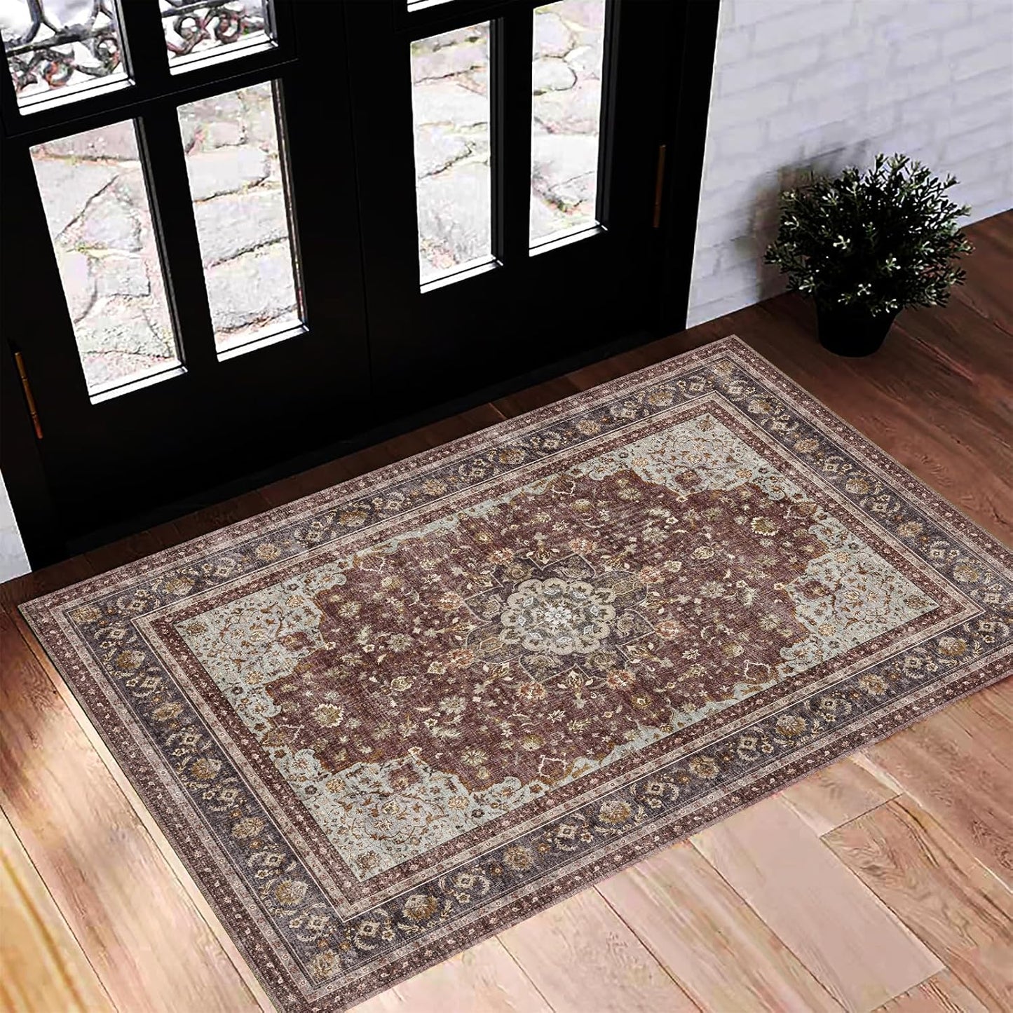 Washable Area Rug 9'x12' Boho Design Non-Shedding Easy Care Ideal for High Traffic Areas in Living Room Bedroom Office Coffee Table Kitchen Large Carpet
