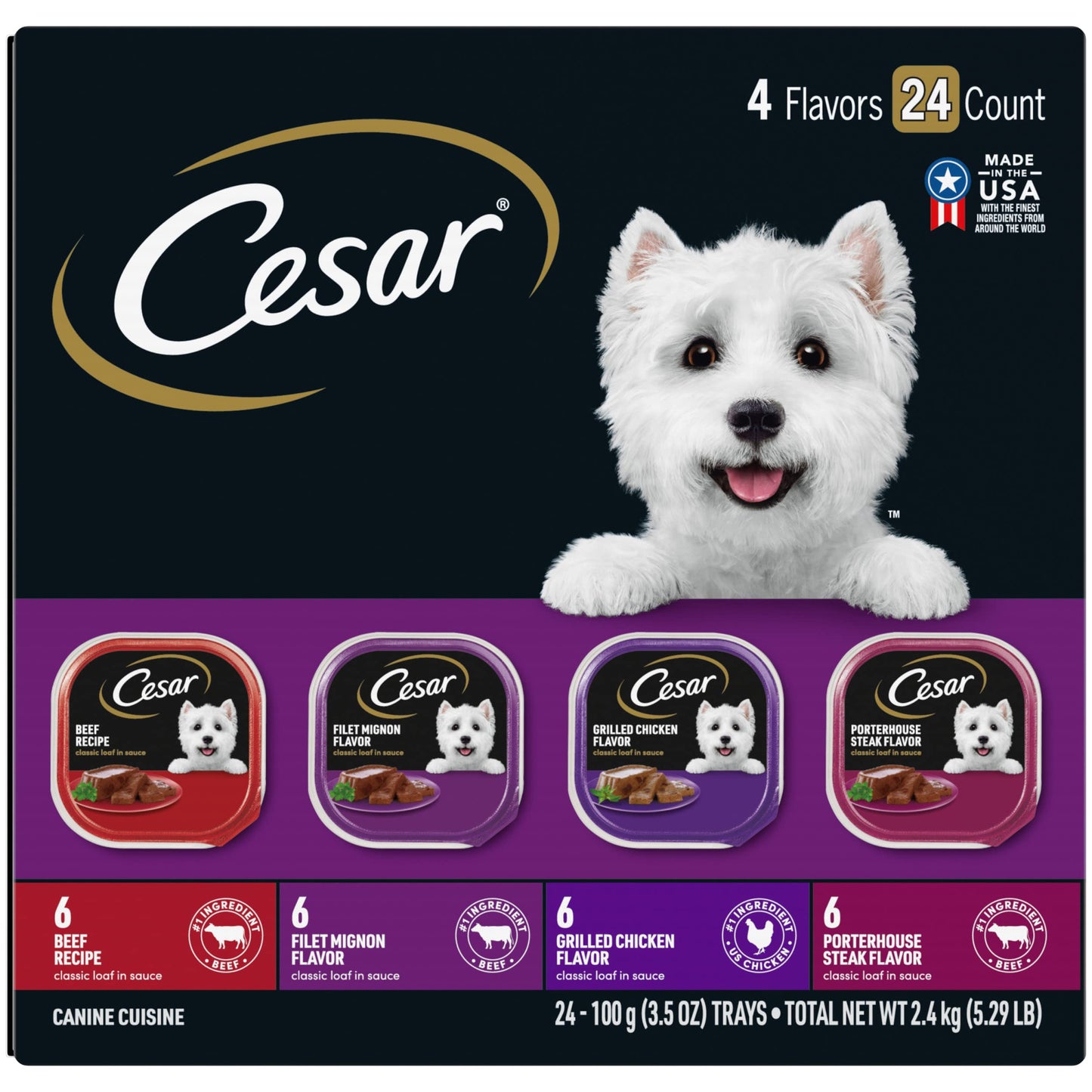 Cesar Wet Dog Food Classic Loaf in Sauce Grilled Chicken, Filet Mignon, Porterhouse Steak, Beef, Chicken & Liver and Turkey Variety Pack 3.5 oz. Easy Peel Trays (36 Count, Pack of 1)