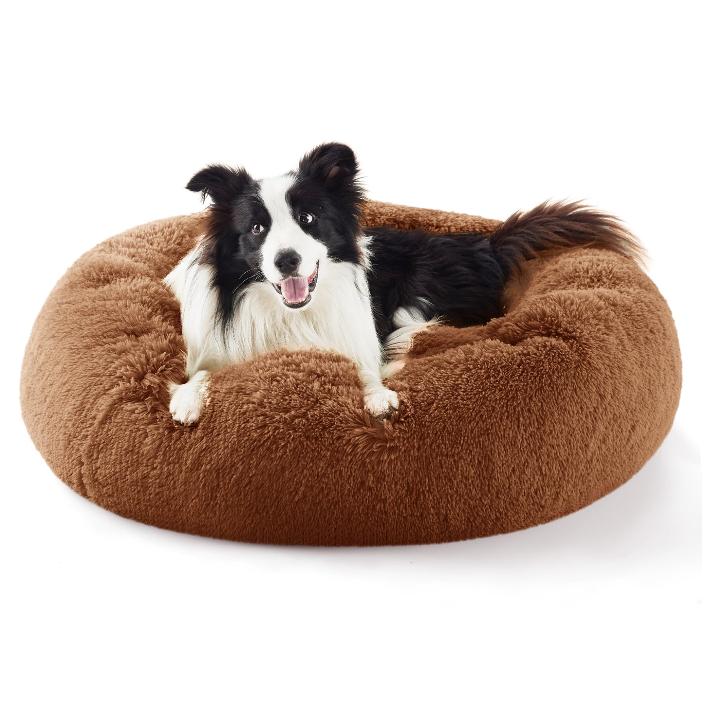 Bedsure Calming Dog Bed Medium Size Dog - Donut Washable Medium Pet Bed, 30 inches Anti-Slip Round Fluffy Plush Faux Fur Cat Bed, Fits up to 45 lbs Pets, Camel