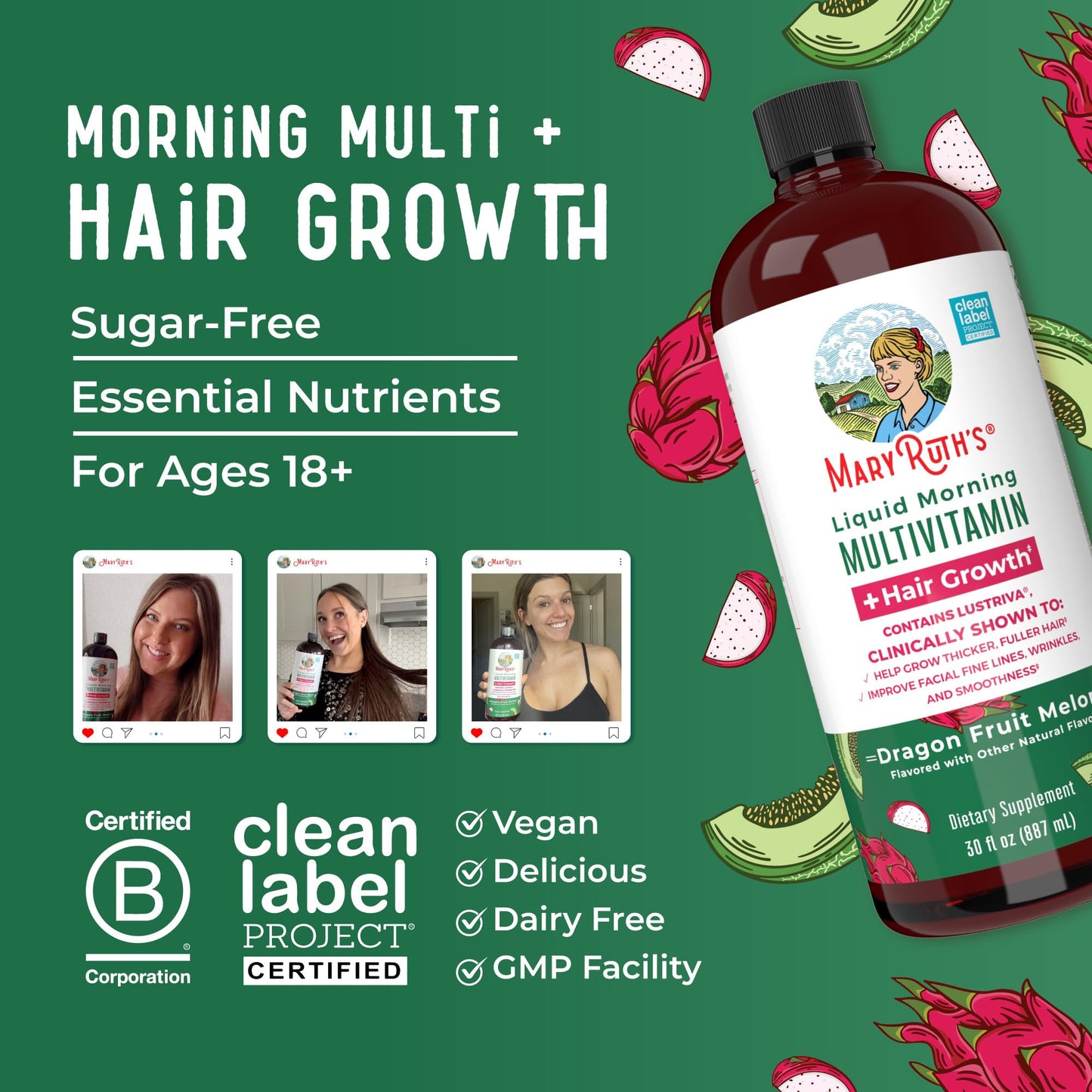 MaryRuth's Liquid Multivitamin + Hair Growth | Biotin 10000mcg | Lustriva Hair Growth Supplement | Clinically Tested in Women for Thicker Hair & Facial Wrinkle | Skin Care | Ages 18+ | 15.22 Fl Oz