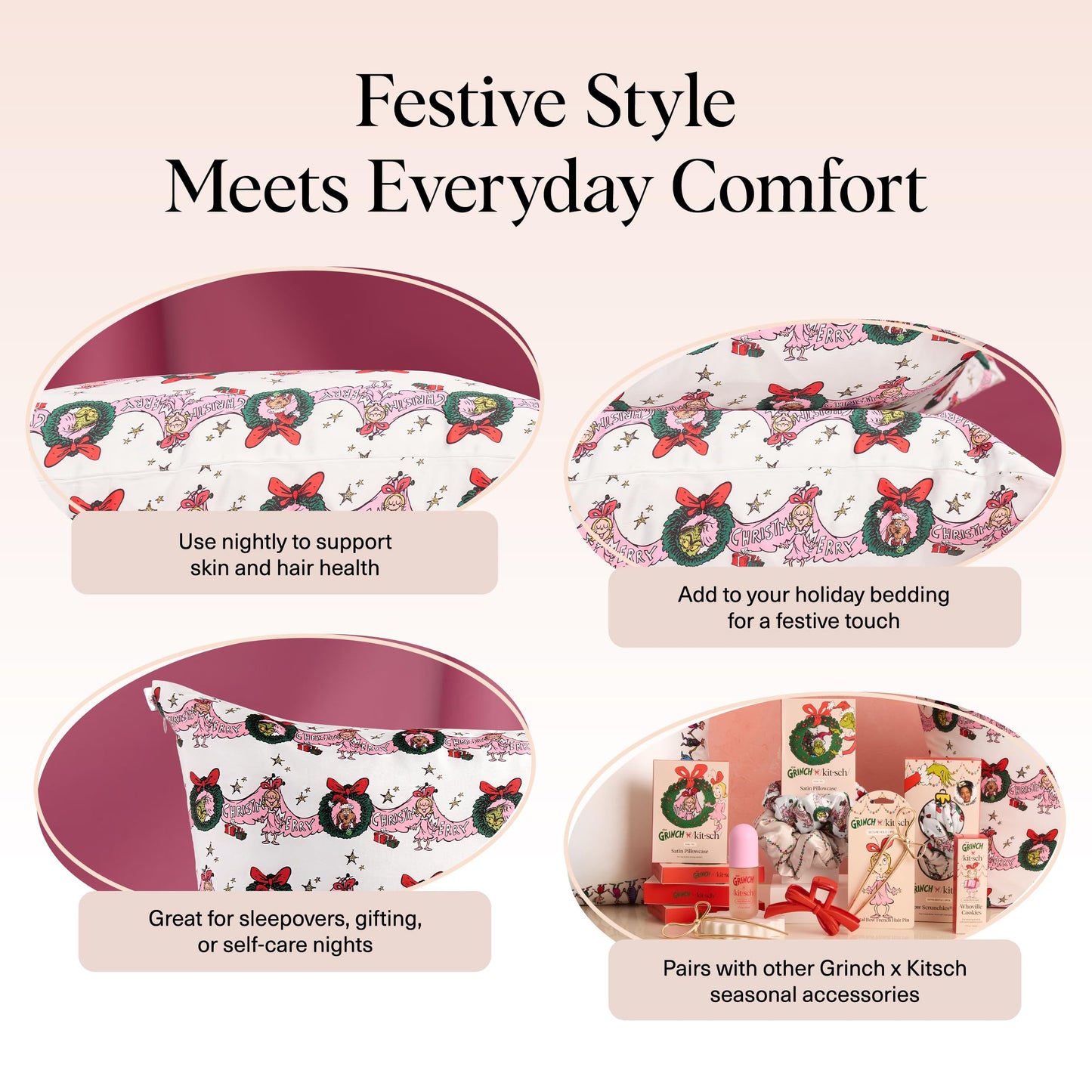 Kitsch x Elf North Pole - Satin Pillowcase with Zipper for Hair & Skin – Softer Than Silk, Cooling Pillow case, Wrinkle-Free, Machine Washable, Queen/Standard (19x26)