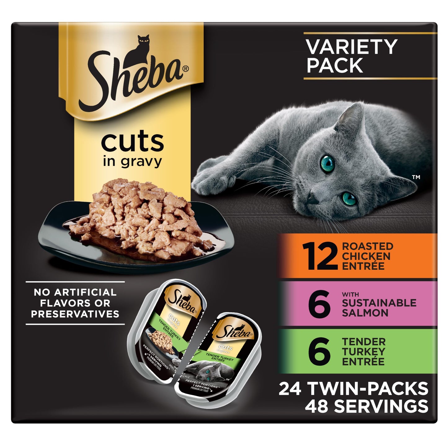 Sheba Perfect Portions Wet Cat Food Cuts in Gravy, Roasted Chicken Entree, with Sustainable Salmon, Tender Turkey Entree, 2.6 oz. Twin-Pack Trays (24 Count, 48 Servings)