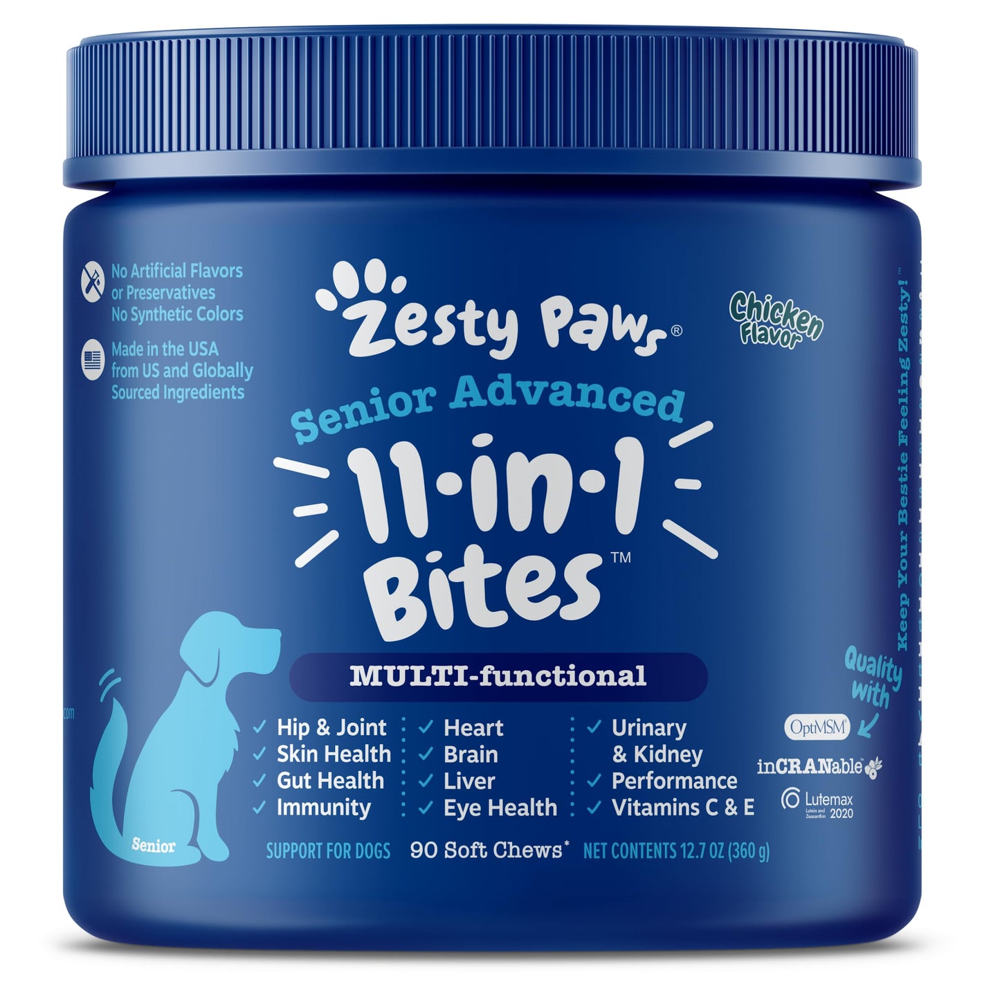 Zesty Paws Dog Multivitamin, Chewable Dog Vitamins and Supplements for Hip & Joints, Skin & Coat, Omega 3 Fish Oil for Dogs- Senior & Puppy Multivitamin- Chicken- 90ct
